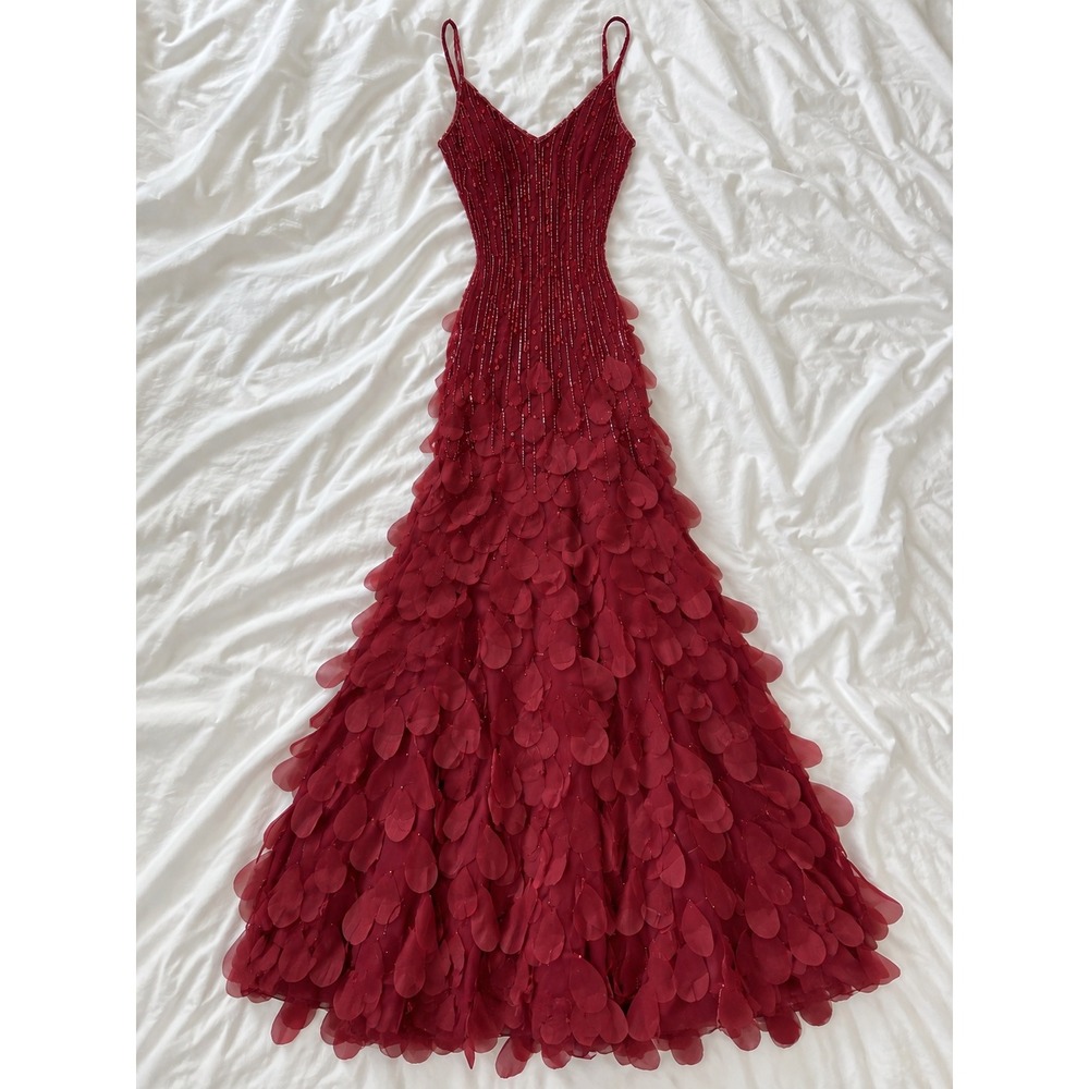 RARE Sue Wong Nocturne Red Gown 6 Red Beaded Petal Silk Dress Y2k 2000s Maxi